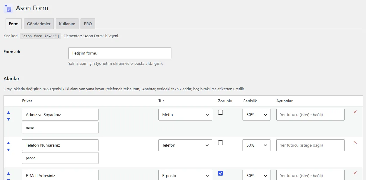 Ason Form ayar ekranı