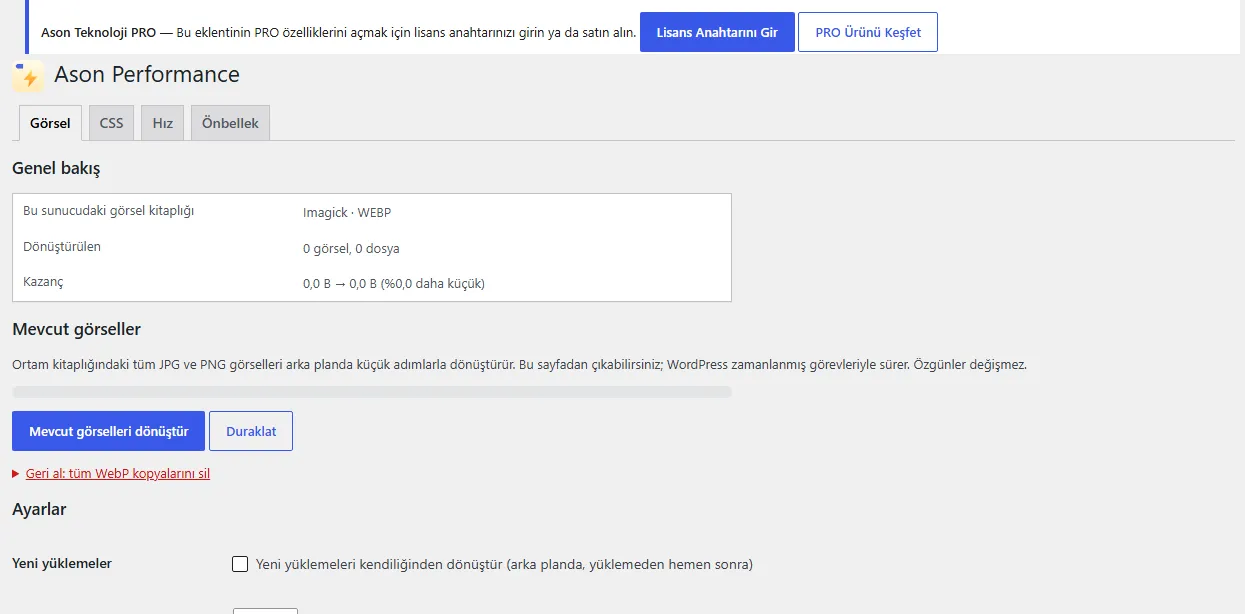 Ason Performance ayar ekranı