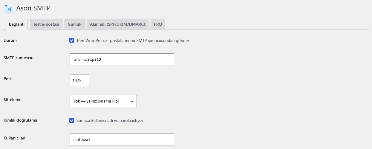 Ason SMTP ayar ekranı