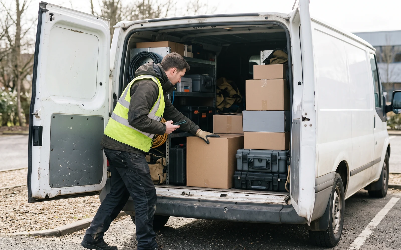 A field technician taking an equipment box from a service van while checking a phone