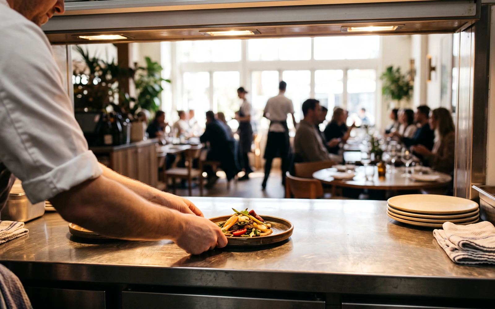 A chef's hands sending a plate out through the kitchen pass, the bright dining room behind