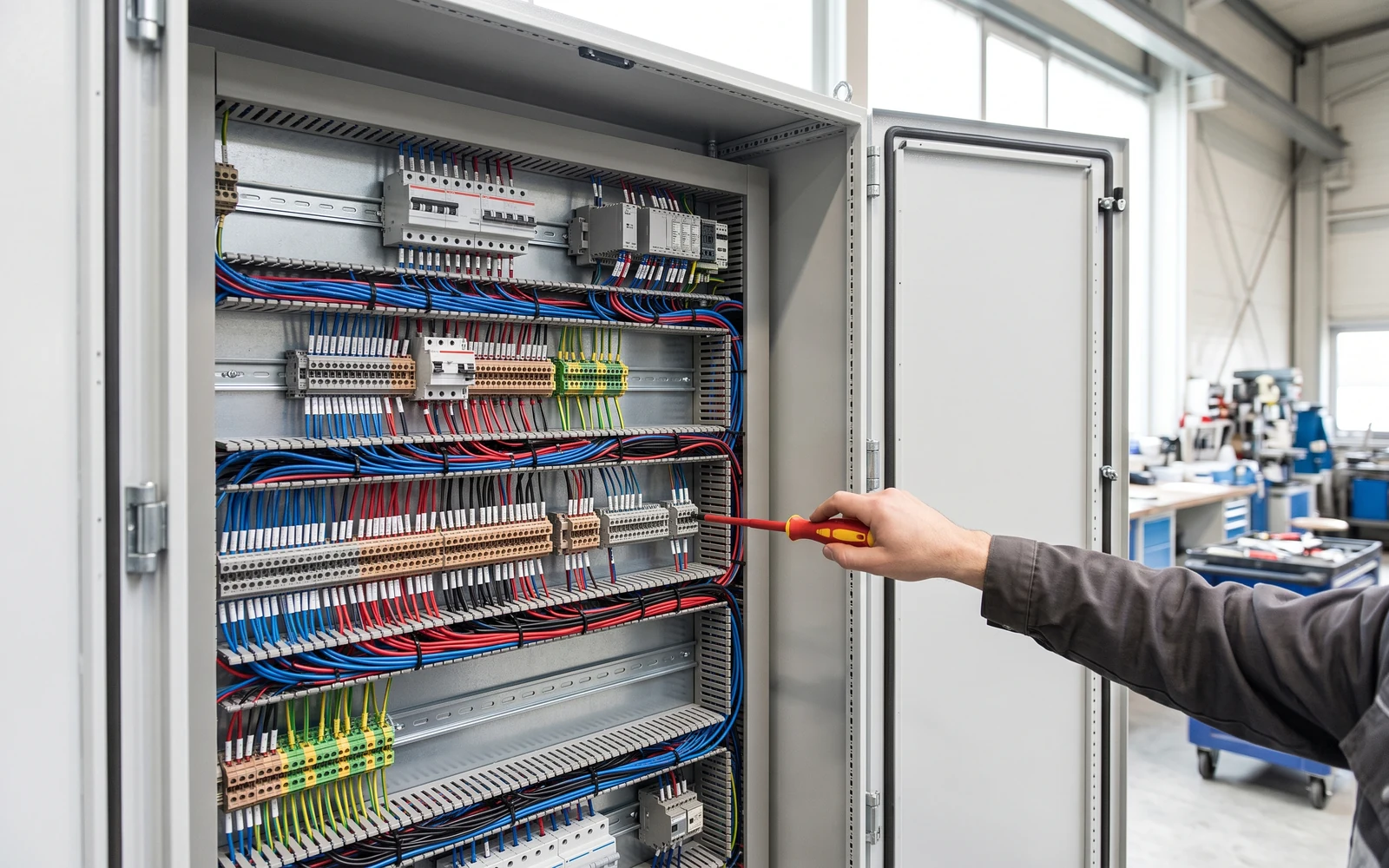 Kapağı açık elektrik kumanda panosunda tarak düzeninde kablolama ve klemens sıkan teknisyen eli