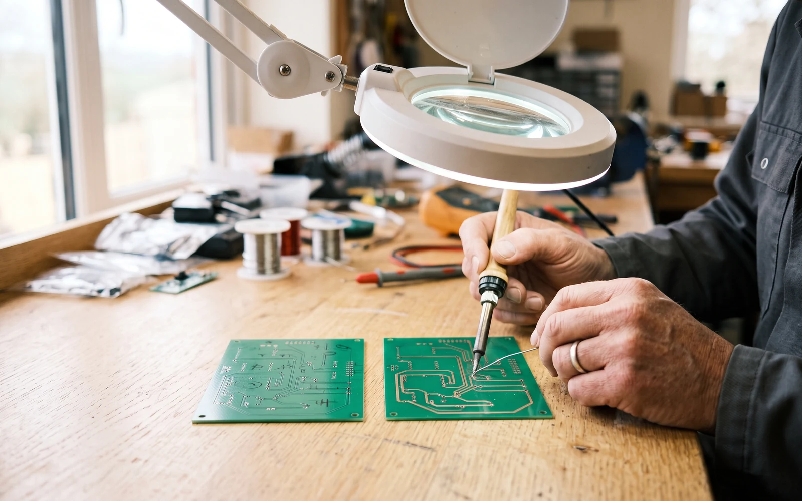 Electronics design engineer inspecting two prototype printed circuit boards under a magnifier lamp