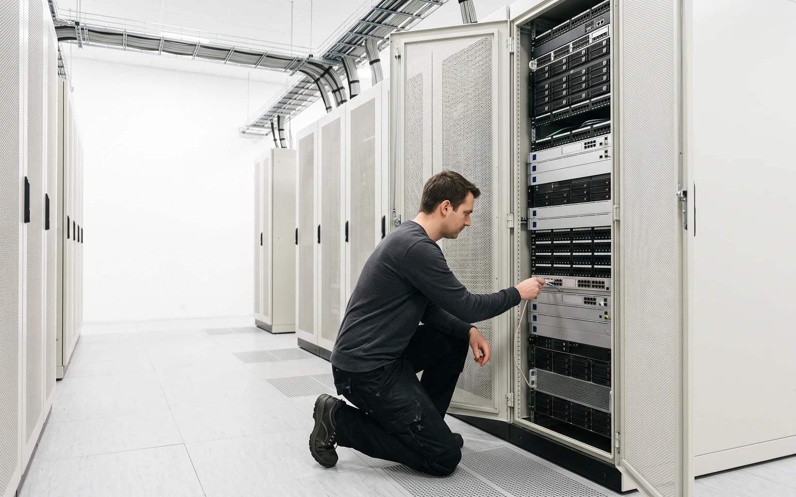 A system administrator plugging in a patch cable in a bright server room