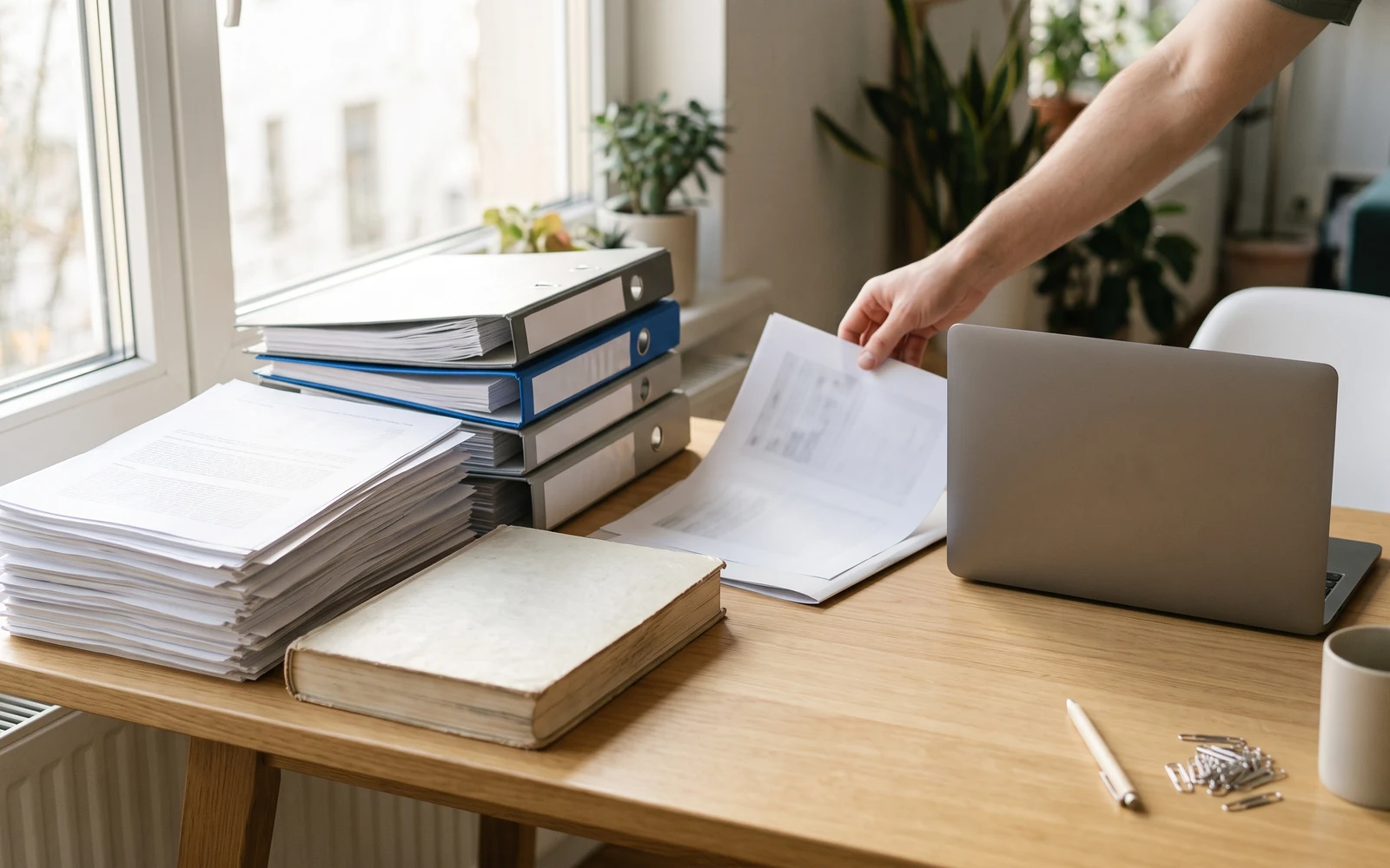 Company documents, binders and a laptop on a desk — the corporate data an AI agent is grounded in